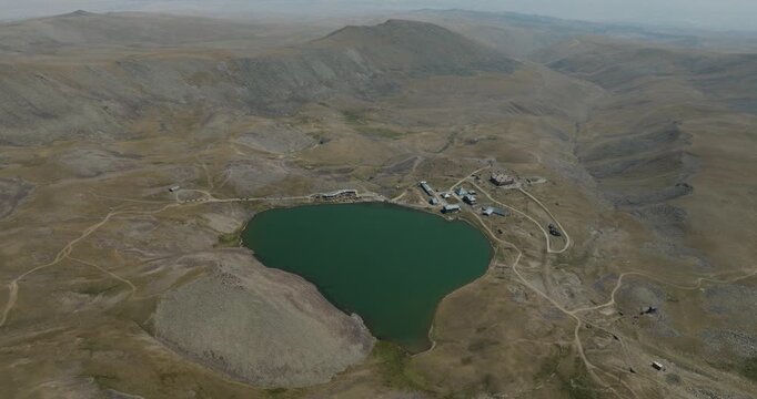 Aerial view of the tranquil Lake Kari, nestled amidst the stark beauty of the surrounding mountains, creating a serene oasis, Mount Aragats, Shirak Province, Armenia.