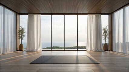 Modern, serene interior with large windows, wooden flooring, and plants, offering a tranquil view of nature outside.