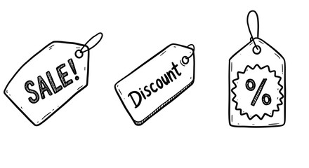 Outline set of 3 icons, black on white, doodle, different labels  