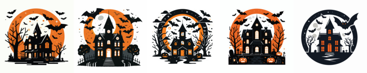 Creepy Haunted House Vector with Full Moon and Flying Bats