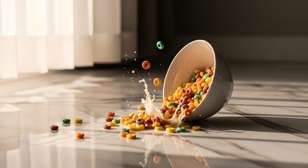 A clumsy morning mishap captured in a dynamic splash as colorful cereal and milk spill from a fallen bowl onto a polished floor