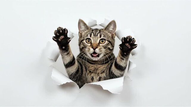 A tabby cat bursting through torn white paper paws extended