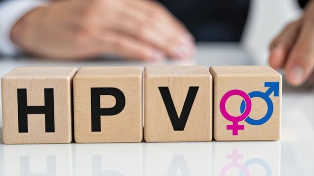 HPV awareness: This photograph focuses on wooden blocks arranged to spell out HPV.