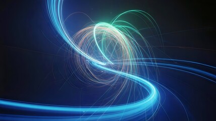 Blue and green luminous light helix with glowing particles in space