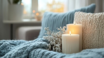 Cozy home interior scene with lit candles, knit blanket, and flowers
