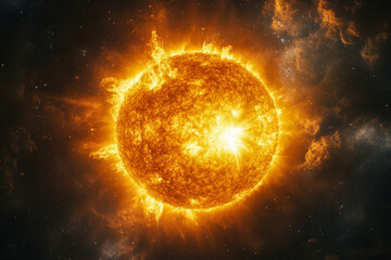 Bright fiery solar star in dark deep space with glowing hot plasma and cosmic nebula clouds.