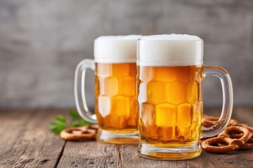 Two frosty mugs of golden beer with creamy foam sit on a rustic wooden table, accompanied by crunchy pretzels, creating a cozy and inviting atmosphere for social gatherings