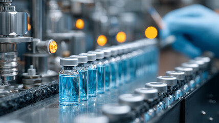 青色薬液バイアル充填の自動生産工程ライン