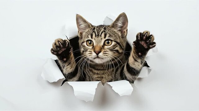 A tabby cat bursts through a hole in white paper its paws raised showing its claws