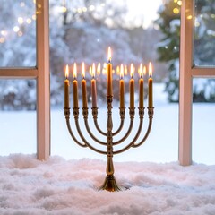 Hanukkah menorah in snow by window
