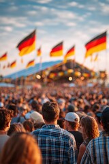 Crowd of diverse individuals enjoying a vibrant outdoor festival with colorful flags waving in the background, creating a lively and festive atmosphere filled with excitement