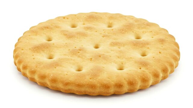 A tan round cracker featuring small holes and a scalloped edge on a white background
