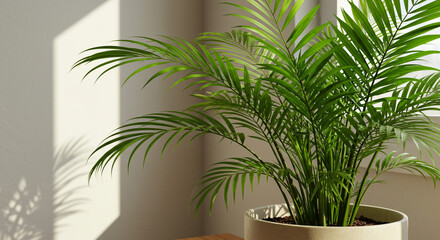Fototapeta premium Vibrant green houseplant thrives in soft sunlight, casting natural shadows on a clean wall