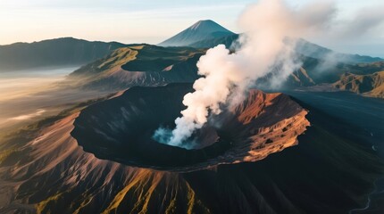 Aerial view of a volcanic crater at sunrise.  Vast landscape of mountains and smoke billows from the caldera