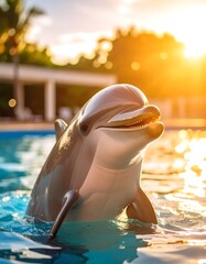 Happy dolphin in a pool at sunset