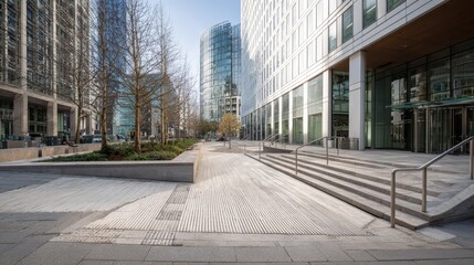 Urban street scene with modern glass buildings, trees, and patterned pavement in a city