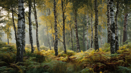 Obraz premium 初秋の白樺林を染めるやわらかな木漏れ日の光