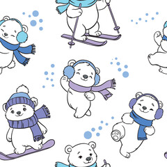 Seamless vector pattern with cute polar bears in winter clothes skiing, snowboarding, skating, and dancing. Perfect for Christmas, New Year, kids textile and festive design