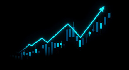 Financial growth chart design with upward trend arrow and candlestick graph in blue neon light on black background