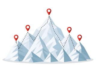 The path to the top of the mountain is marked with pins isolated on transparent background