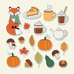 Cozy autumn season elements featuring warm drinks pumpkins and seasonal foliage