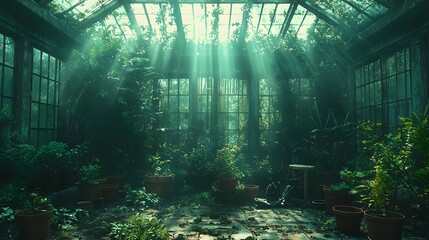 Sunbeams filtering through a glass greenhouse, illuminating an overgrown and humid interior filled with lush green plants, creating a serene, natural sanctuary