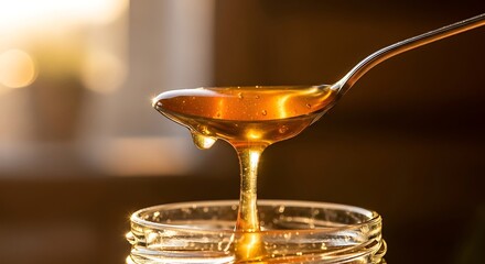Liquid golden honey dripping from a spoon into a glass jar, close up