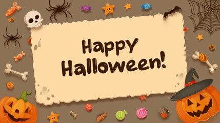 Happy Halloween Illustration: Festive Halloween Illustration featuring classic decorations and a warm greeting.