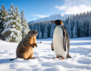 Fototapeta premium A marmot and a penguin stand together in the snow
