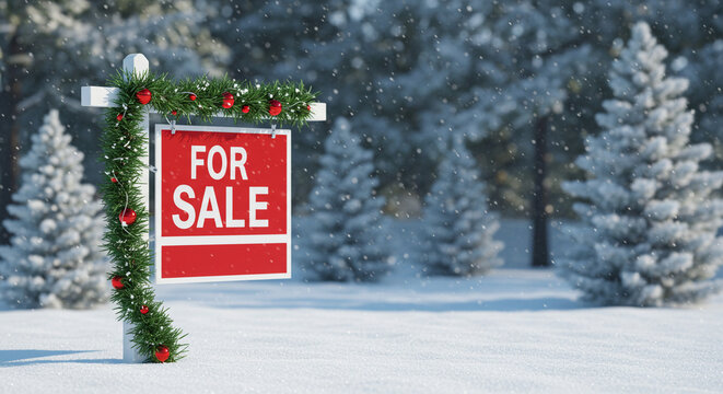 Real estate “For Sale” sign with garland in snow-covered yard, Christmas holiday listings - Powered by Adobe