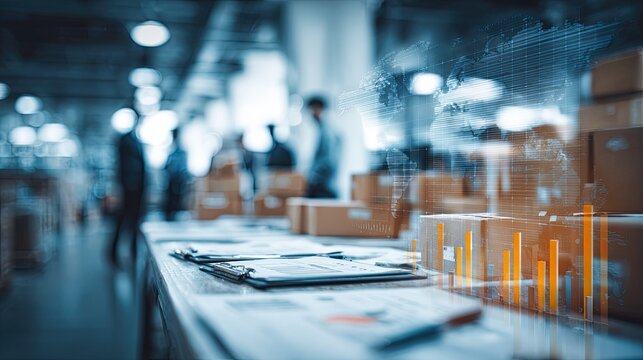 A blurred warehouse scene shows boxes and digital analytics overlay, suggesting a focus on logistics and data-driven operations.