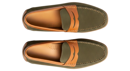 A pair of men's olive canvas and brown leather boat shoes or loafers, viewed from a top-down angle.