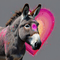 Funny donkey with pink heart background – cute animal portrait