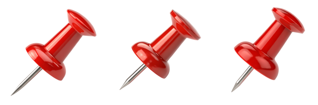 Set For Three red pushpins isolated on transparent background