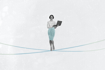 Banner 3d art pop image collage of happy businesswoman businessman stand rope chain development aim achievement progress
