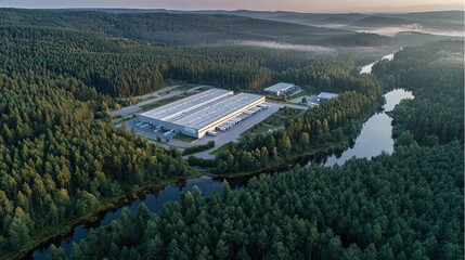 Aerial view of a large industrial facility surrounded by dense forests and a river, showcasing nature and industry coexisting harmoniously.