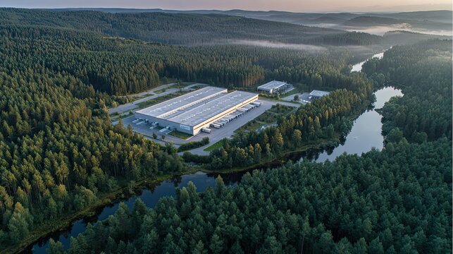 Aerial view of a large industrial facility surrounded by dense forests and a river, showcasing nature and industry coexisting harmoniously. - Powered by Adobe