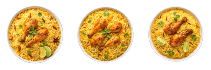Set For Three bowls of chicken biryani isolated on transparent background
