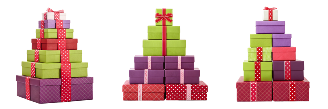 Set For Stacks of colorful gift boxes isolated on transparent background - Powered by Adobe