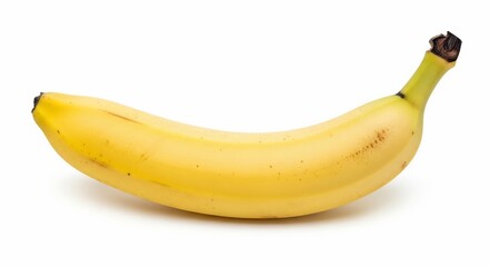 A single, ripe yellow banana with a curved shape and brown stem, isolated on a clean white background, showcasing its smooth peel and subtle imperfections.