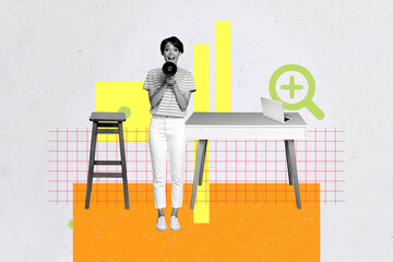 Creative art sketch photo collage of happy businesswoman businessman sit indoor office table...
