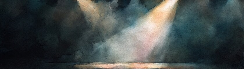 Fototapeta premium A dramatic watercolor illustration depicting beams of light emerging through a dark, smoky background, creating an atmospheric stage setting.