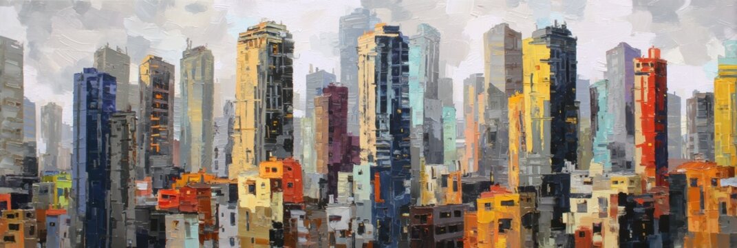 Colorful high-rise buildings stand tall against a cloudy sky, showcasing urban architecture and city life in a bustling environment.