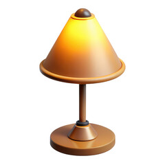 A warm glowing cone shaped table lamp with a metal base isolated on transparent background