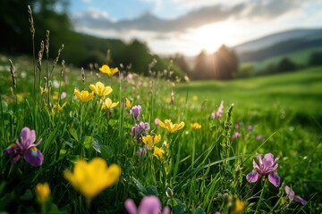 Obraz premium Vibrant spring meadow filled with yellow and purple wildflowers under bright sun with soft clouds and distant hills creating peaceful and fresh natural landscape