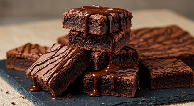 Pilha de Brownies de Chocolate com Cobertura em Estilo R&uacute;stico