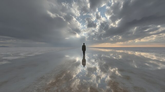 A lone figure walks across a vast, reflective plain under a dramatic sky filled with clouds and sunlight - Powered by Adobe