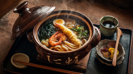 土鍋の鍋焼きうどんを俯瞰で撮影全体構図写真