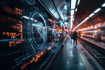 Fototapeta premium Futuristic metro station platform with digital holographic world map display glowing in blue and orange lights, creating high tech atmosphere with blurred figure walking