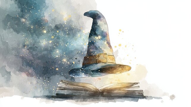 A magical wizard hat floats above an open book, surrounded by a cosmic watercolor background, evoking a sense of wonder and imagination.